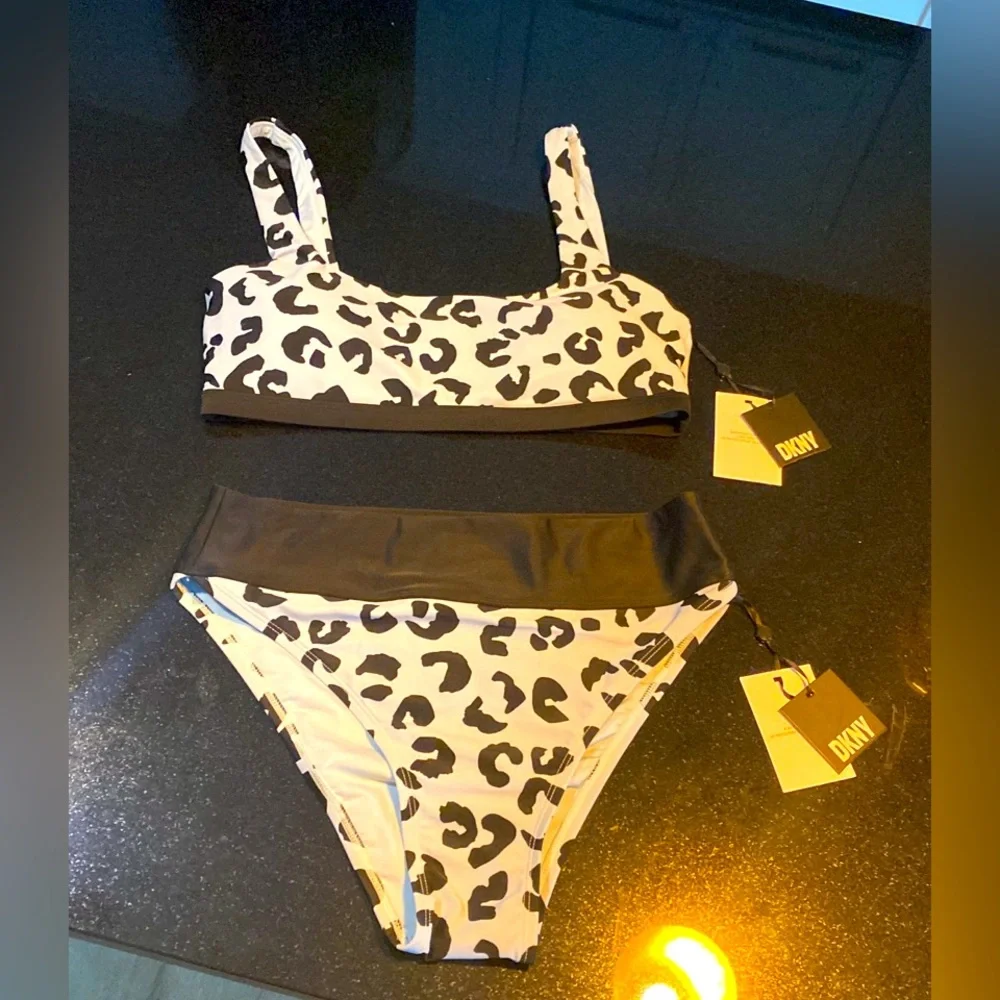 NWT DKNY Cheetah / Leopard Animal Print Hi Rise Bikini Size Top XL, Bottom Large - Picture 7 of 10